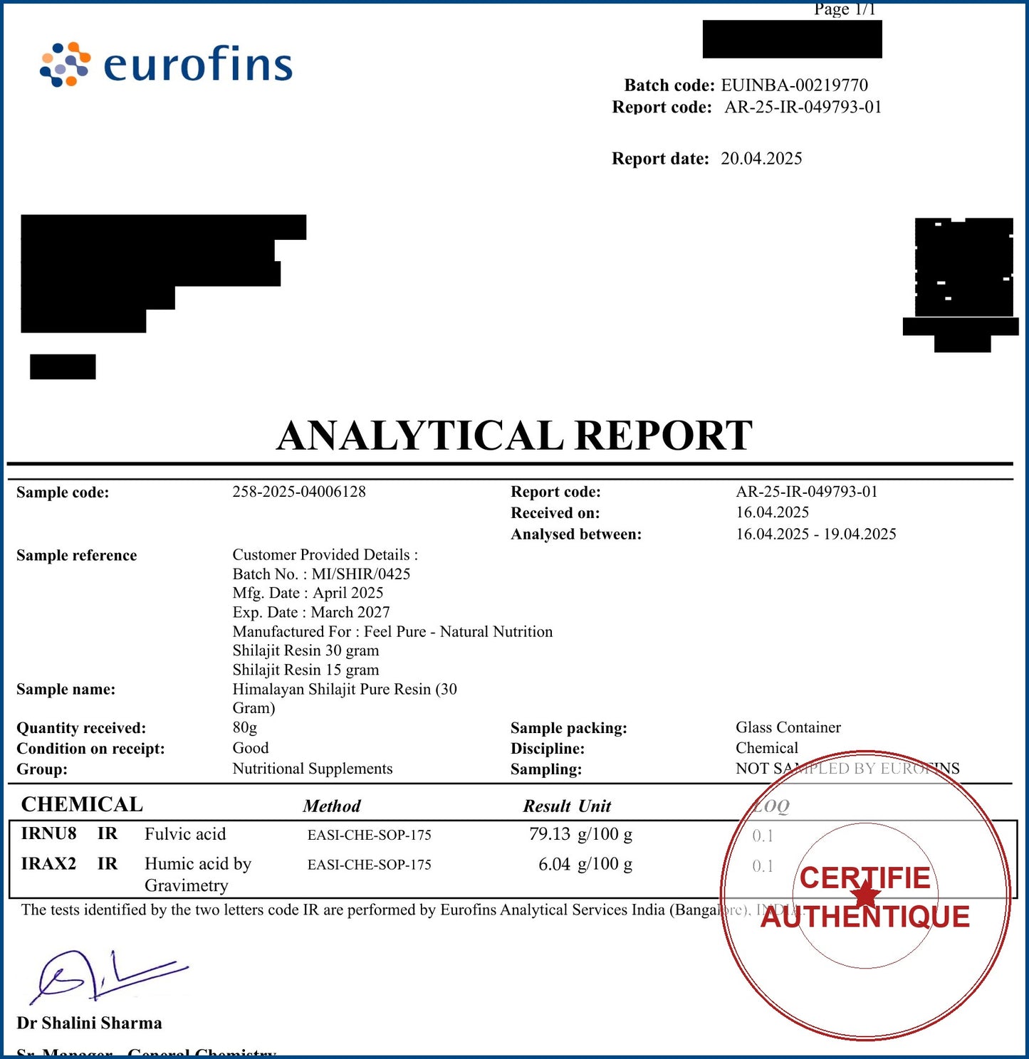 Analyse Eurofins acide fulvique Shilajit Feel Pure certifie