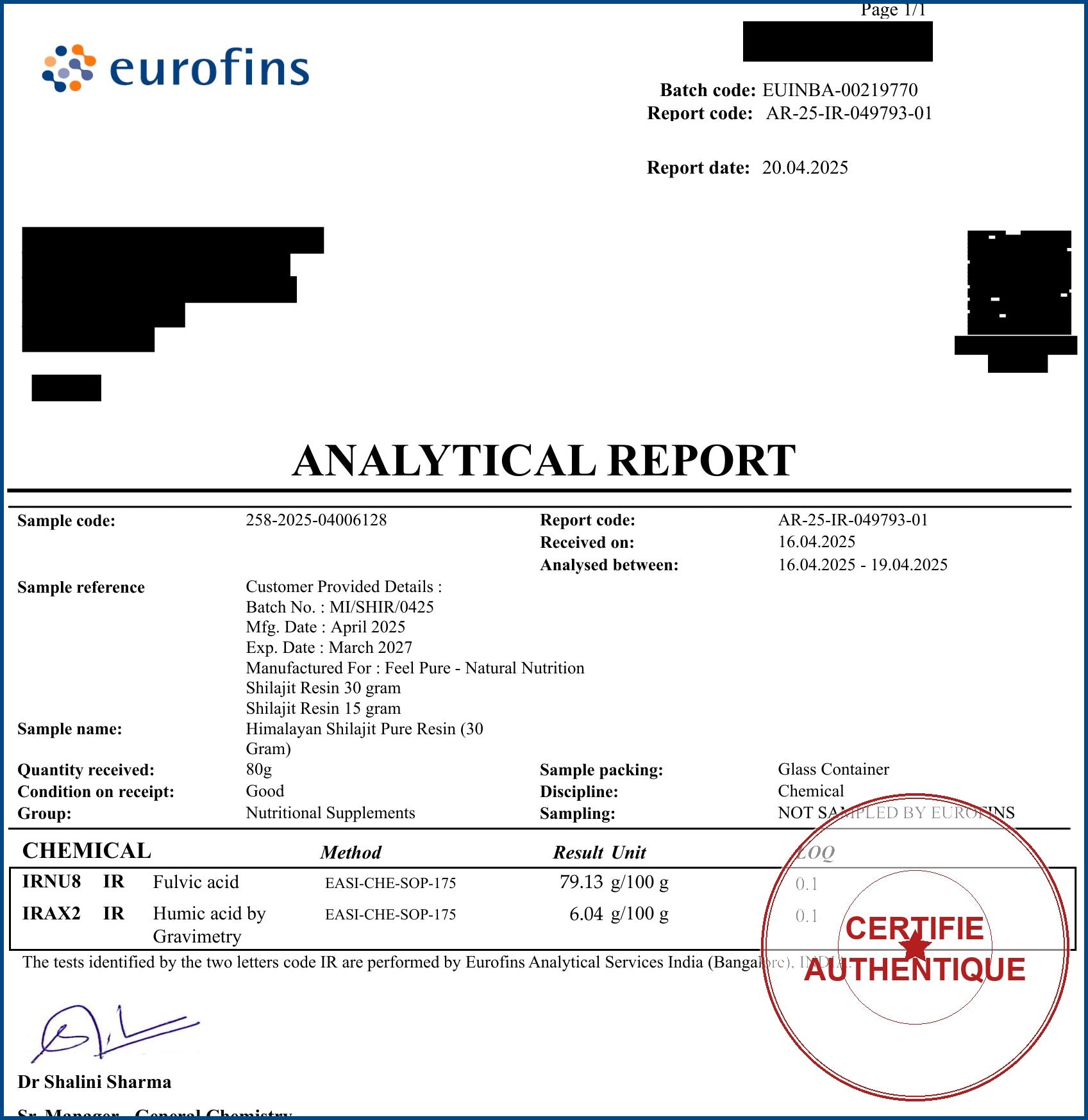 Analyse Eurofins acide fulvique Shilajit Feel Pure certifie